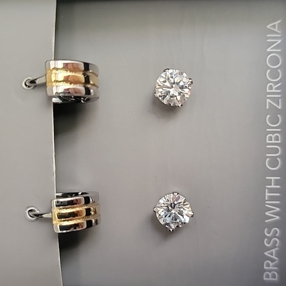 New Nautica 2 Pairs Earrings Silver & Gold & Cubic Zirconia Silver Post Mens - Picture 2 of 8